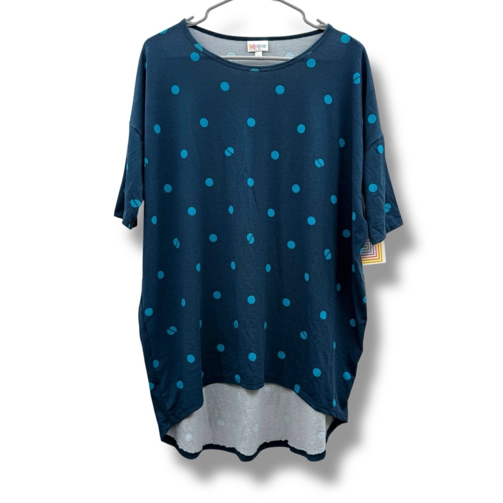 Lularoe Irma Navy Blue & Blue Polka‎ Dot Short Sleeve High-Low Hem Top Sz S NEW